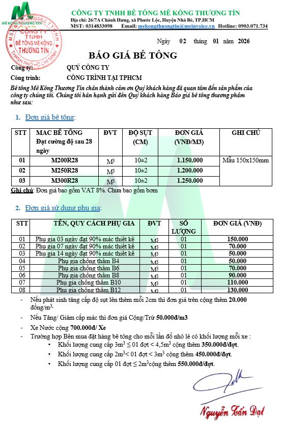 Bảng giá bê tông tươi quận 4 kèm phụ gia