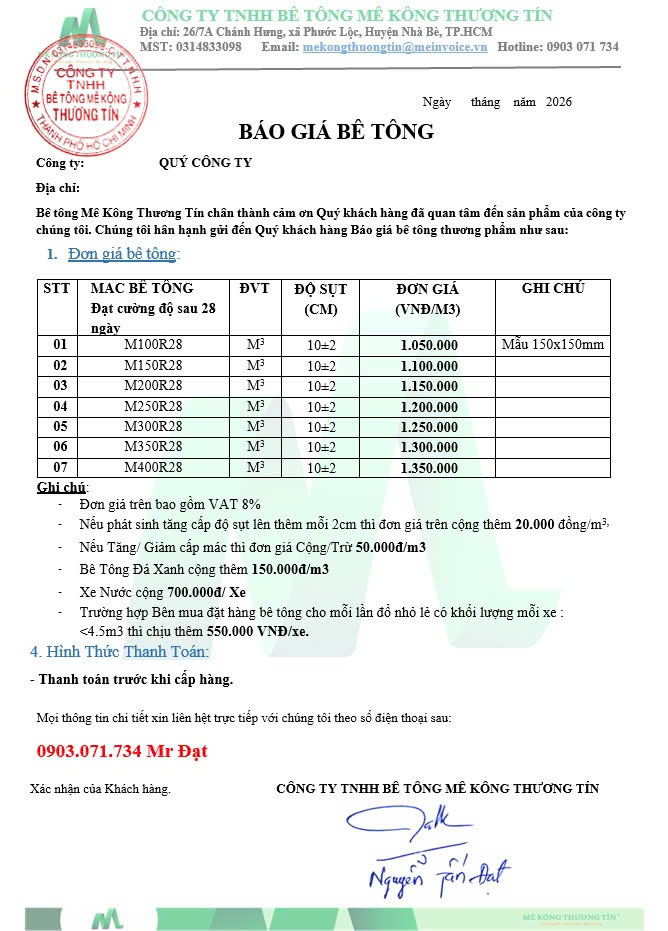 Phiếu báo giá bê tông tươi Mê Kông Thương Tín đầy đủ 7 mác M100 đến M400 có mộc và chữ ký xác nhận