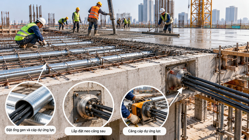 Công tác kéo căng cáp bằng kích thủy lực tại công trình 